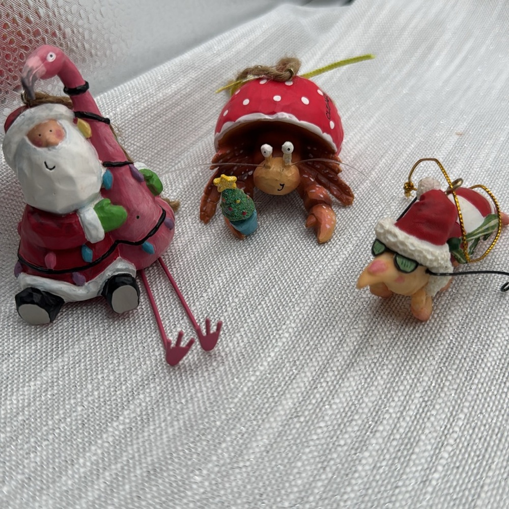 Cape Shore coastal Christmas ornaments Santa with flamingo, hermit crab & shrimp